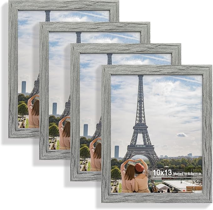 Hongkee 10x13 Picture Frame Set of 4, Made of Real Glass and Grey Frame, 10 by 13 Photo for Wall or Tabletop - Display Picture 8.5x11 with Mat or 10x13 Without Mat