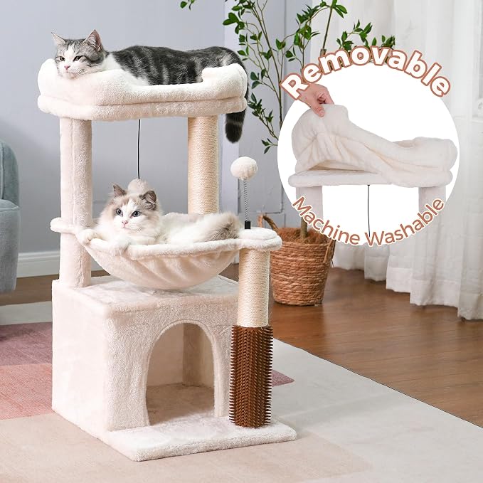 Cat Tree 32” Small Cat Tower with Large Hammock 16”& Self Groomer | Compact Cat Tree with Hammock 16” Dia, Removable Bed, Scratching Post & Self Groomer Small Cat Tree for Indoor & Adult Cats