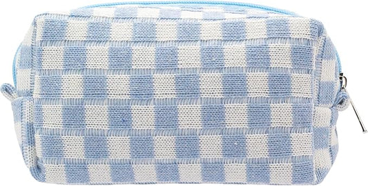 PAZIMIIK Checkered Makeup Bag for Purse Portable Zipper Make Up Pouch Small Cosmetic Case for Travel Accessories (Blue)