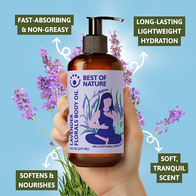 Best of Nature Lavender Florals Aromatherapy Massage & Body Oil - Tranquil, Soothing Blend with Lavender, Sage, Rosewood & Palmarosa, Ideal for Relaxing Massage or Daily Moisturizing