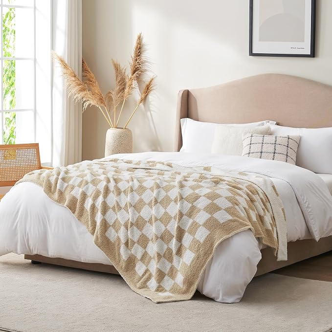 Snuggle Sac Checkered Bedding Blanket Twin Size 60x80, Super Soft, Cozy Warm Knit Blankets, Reversible Breathable Lightweight Fluffy Throws for Sofa, Bed, Checkered Beige, 60x80 Inches