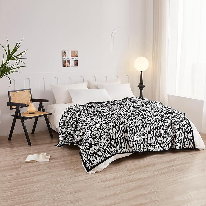 MH MYLUNE HOME Ultra Soft Leopard Throw Blanket, Black White, 71"x78" | Reversible Fleece Throw Blanket, Comfy Fluffy Fuzzy Plush Blanket Throws for Couch Sofa Bed, Cozy Blankets for Women Gift