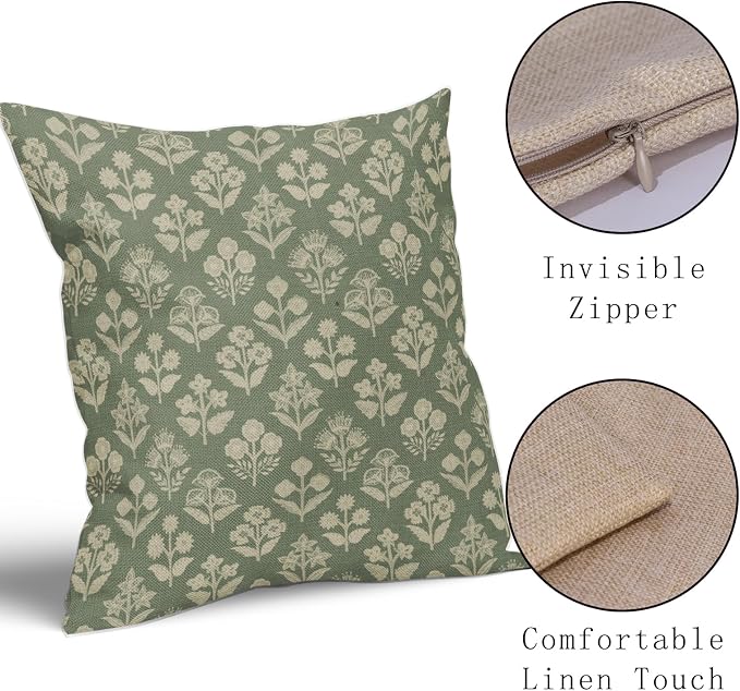 Sage Green Floral Block Print Pillow Covers 18x18 Inch Set of 2, Vintage Flower Pattern Decorative Throw Pillowcases Outdoor Farmhouse Cushion Covers Spring Summer Rustic Sofa Couch Bed Decor