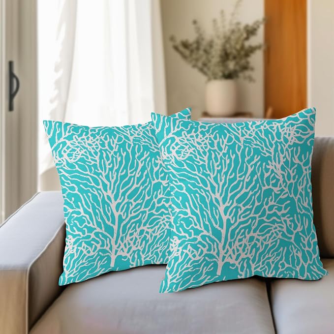 Nautical Coastal Coral Pillow Covers 22x22 Inch Set of 2 Summer Ocean Beach Aqua Teal Decorative Pillow Cases Outdoor Linen Cushion Cover Farmhouse Decor for Bedroom Home Sofa Couch Bed