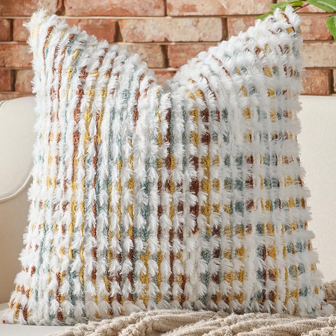Boho Chenille Pillow Cover Decorative Tufted Pillowcase for Couch Bed Sofa Bedroom Living Room Modern 20 x 20-Inch Brown White