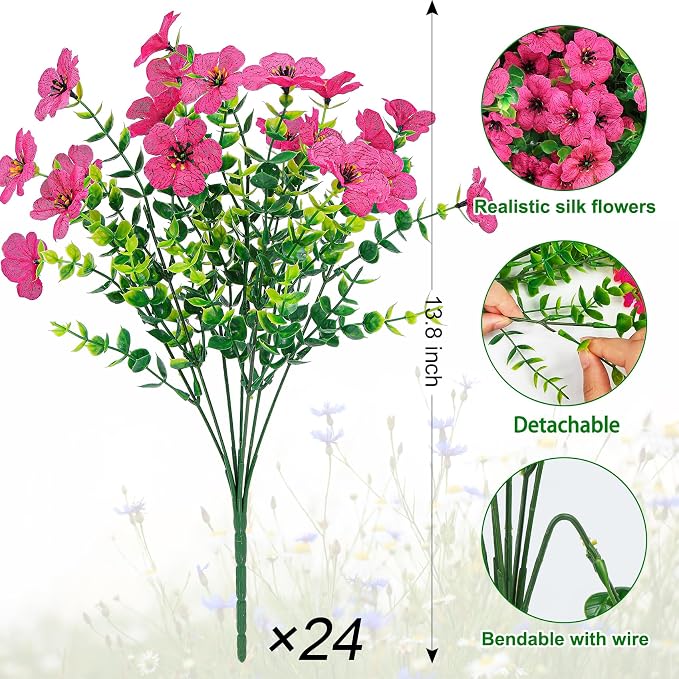 24 Pcs Artificial Flowers for Outdoors Decorations, Rose Red | Lifelike silk flowers, UV resistant, faux plastic plants, for garden porch window table vase home indoor outdoor decor