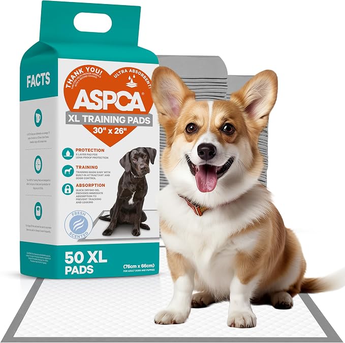 ASPCA Dog Training Pads, XL 26" x 30", Fresh Scented, 50 Count | Scented dog pee pads help control odors with ultra absorbent quick-dry gel, leakproof layers and potty training protection.