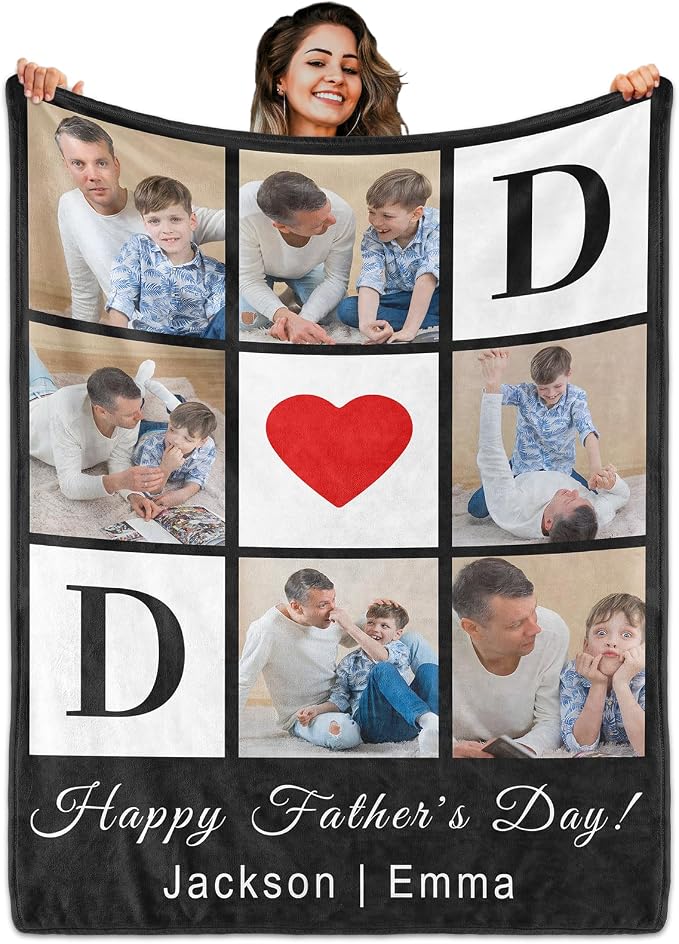 Fathers Day Birthday Gift for Dad Custom Blanket with 6 Photo & Text, Personalized Blankets with Picture to My Dad, HD Printing Customized Flannel Throw Blanket Gifts for Best Daddy Grandpa Ever