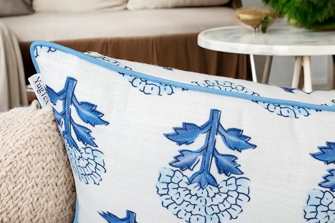 Marigold Floral Print 14x36 Extra Long Lumbar Pillow Cover, Blue | Blue marigold floral on off-white slub, blue piping; both sides printed; hidden zip; ext; cover only