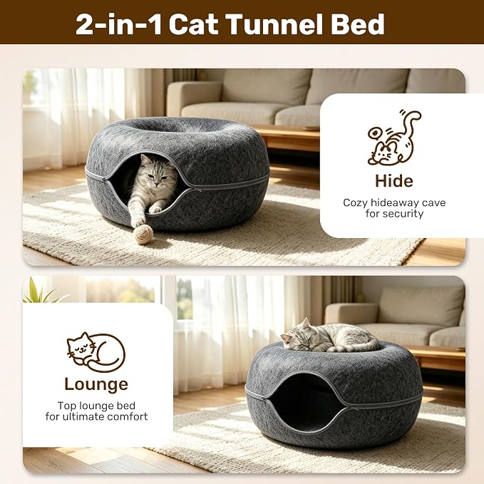 Cat Caves for Indoor Cats, Large Cat Tunnel for Multiple & Large Cats, Scratch Detachable Cave Bed, Kitten Donut Kitty Hideaway Up to 45 Lbs (Dark Grey +Light Grey, Jumbo, 2 Pack)