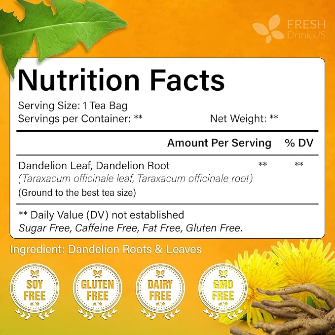 FreshDrinkUS, Premium 135 Dandelion Leaves and Roots Tea Bags, 100% Natural & Pure, Herbal Tea, Daily Infusion Botanical, No Sugar, No Caffeine, No Gluten, Vegan. Powerful Support.