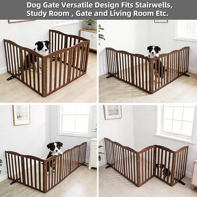 ZJSF Foldable Freestanding Indoor Dog Gate for House Wood Long Pet Gates Dog Fence for Stairs Puppy Gates for Hallways, Puppy Gate,Support Feet Included, Brown, 24 "Height-6 Panels