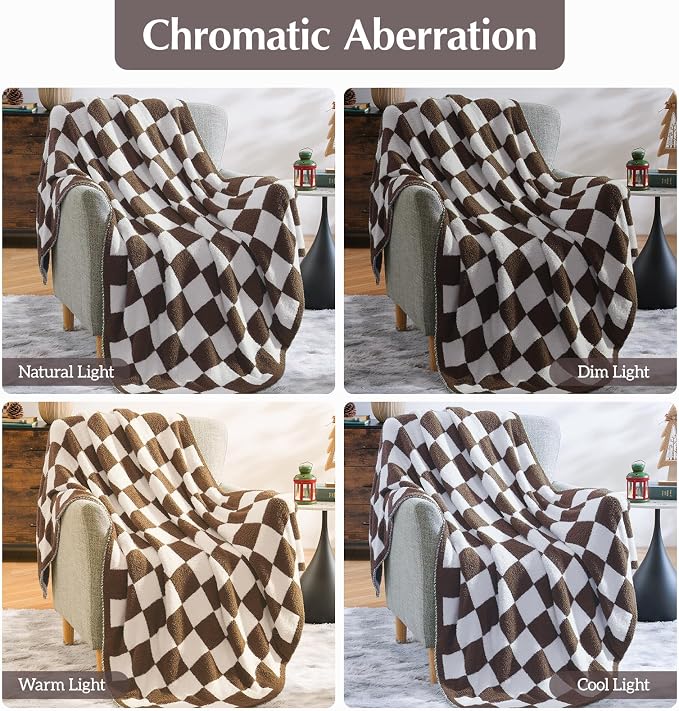 Soft Twin Size Checkered Blanket for Bed-Cozy Knitted Blankets | Lightweight Fluffy Warm Decor for Women, Mom, Her & Girls, Sofa, Chair, Couch, 60x80in,Coffee