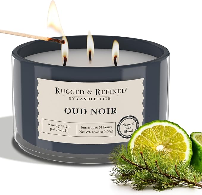 Candle-Lite Scented Candles for Men, Oud Noir Fragrance, 16.25 oz Jar, 3-Wick, 51 Hours of Burn Time, Masculine Aromatherapy with Long Lasting Scent, Ideal Gift for Father's Day and Home Decor