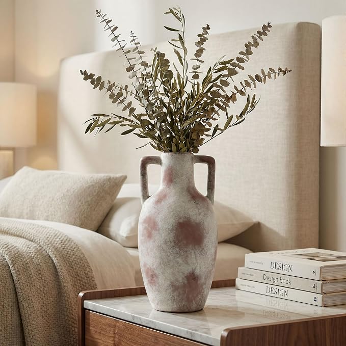 Ceramic Flower Vase with Handles, 12.8 inch Tall Farmhouse Vase Rustic Vases Decorative Pottery Vases Large Floor Vase for Home Decor Living Room Bookshelf Table Centerpiece Fireplace, Terracotta
