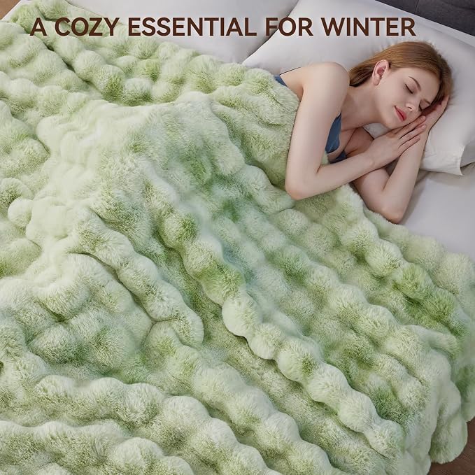 Anysay Faux Fur Throw Blanket, 1000GSM Fluffy Soft Bubble Blanket 50''*60'' | Cozy Plush Warm and Thick Blanket for Couch Bed, Fuzzy Rabbit Throw for Living Room Bedroom Tie-dye Green
