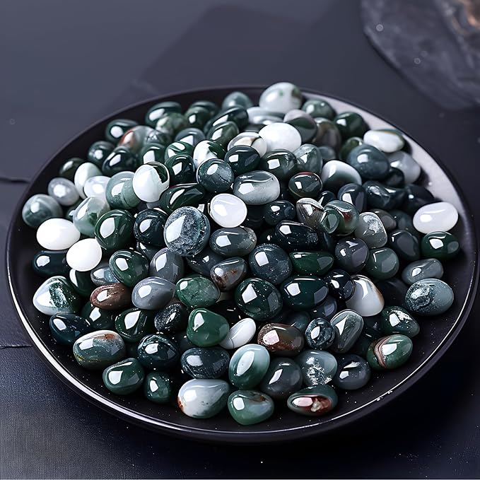 Polished Moss Agate Crystal Chips 200 Pcs - 0.3" 10 oz Tumbled Stone Chips Crushed Sea Glass Stones Healing Reiki Crystal Jewelry Making Home Decoration