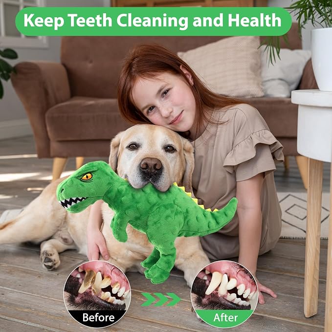 Plush Squeaky Dog Toy, Stuffed Dinosaur Interactive Chew Toy for Puppies Small Medium Dogs, Keep Them Busy & Anxiety Relief Cuddle Toy