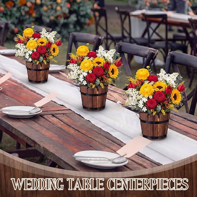 6 Pcs Rustic Wood Whiskey Barrel Planter with Removable Plastic Liners & Floral Foam Blocks, Farmhouse Decor for Wedding Table, Home, Garden, Kitchen & Party Centerpieces (Trendy)