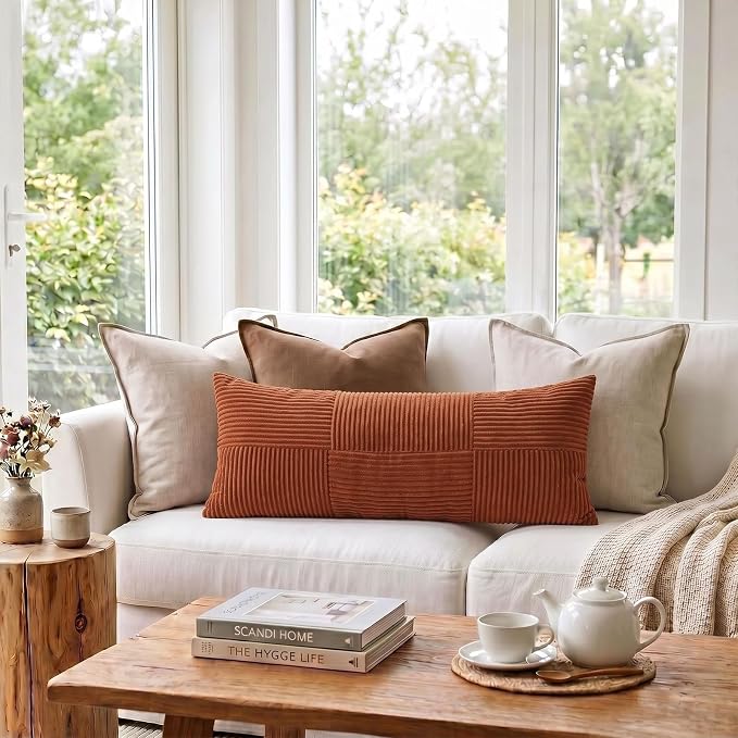 Fancy Homi Set of 1 Rust Boho Long Lumbar Body Decorative Throw Pillow Cover 14x36 Inch for Bed Couch Bedroom Bench, Soft Patchwork Corduroy Textured Pillow Case, Rustic Farmhouse Room Decor