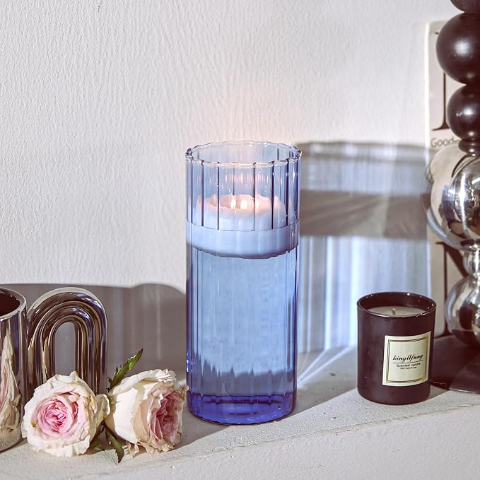 ComSaf Glass Cylinder Vase 8 Inch Tall, Blue Ribbed Decor for Centerpieces | Decorative Flower Vase, Hurricane Floating Candle Holder, Wedding Decor, Reception Table, Home Accent, Housewarming Gift