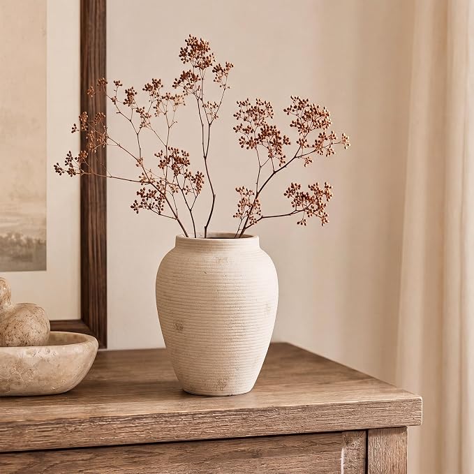 8.1" Terracotta Vase, Small Ceramic Vase for Decor | Small vase with pottery shape; textured ceramic vase, watertight for flowers, pampas grass, shelves, mantels and tables