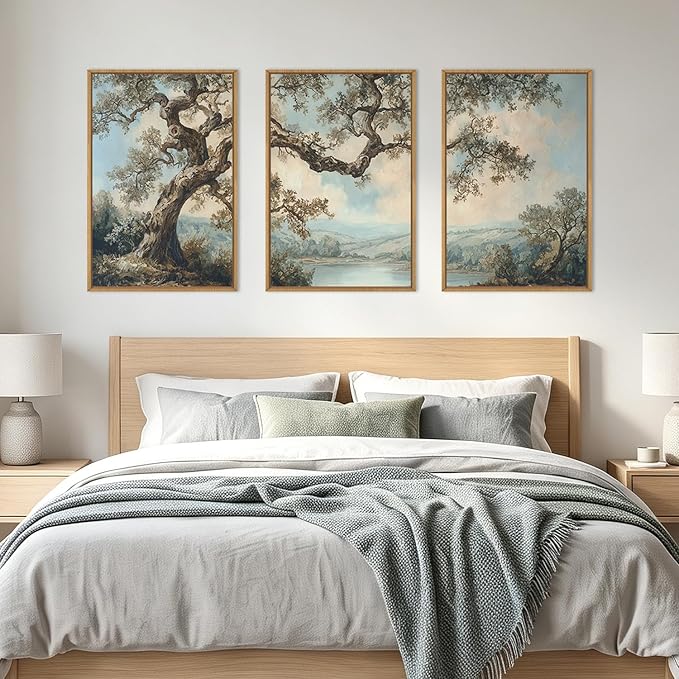 BINCUE Vintage Tree Wall Art Framed Rustic Forest Paintings Neutral Landscape Wall Decor Canvas Mountains Lake Artwork Abstract Tree Prints for Living Room Bedroom Office 24 "Lx36 W Set of 3