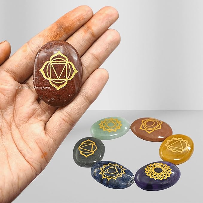 Amazing Gemstone 7 Chakra Oval Set Reiki Healing Crystal with Engraved Chakra Symbols - Chakra Balancing Polished Palm Stones Set with Velvet Pouch