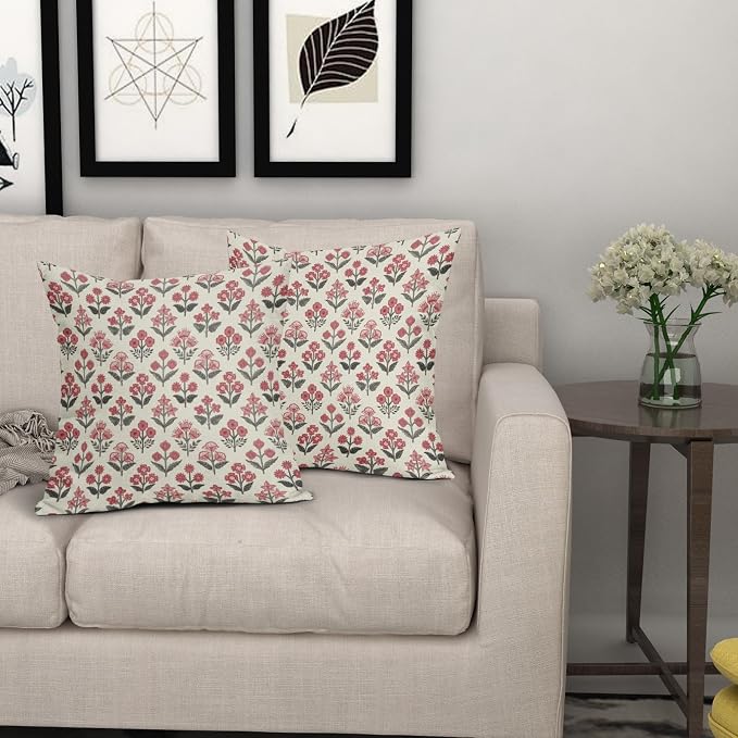 Black Red Christmas Floral Block Print Pillow Covers 20x20 Inch Set of 2, Vintage Flower Pattern Decorative Throw Pillowcases Outdoor Farmhouse Cushion Covers Holiday Rustic Sofa Couch Bed Decor