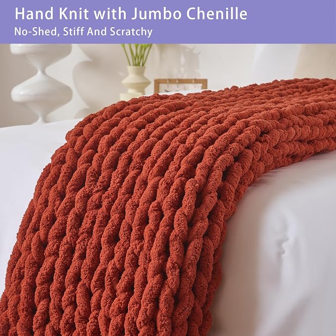 Bigacogo Chunky Knit Throw Blanket for Couch, 40x40 inches, Rust Red | Hand Knit with Jumbo Chenille, Soft Breathable Cable Knit for Sofa Bed Living Room, Machine Washable, Gift for Mom Friend