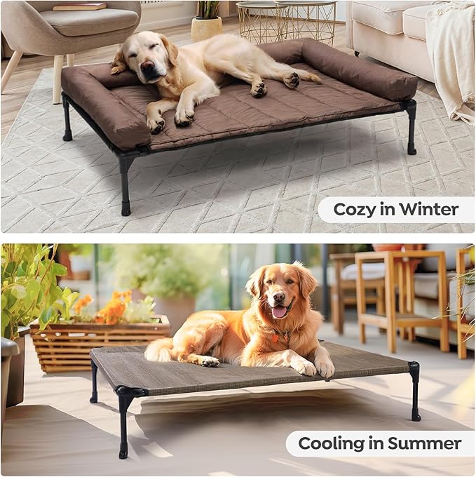 Veehoo Outdoor Elevated Dog Bed with Waterproof Bolster Cushion, Cooling | Raised Dog Bed with Removable & Washable Mat Topper, Breathable Mesh, Dog Couch Cot for Indoor Outdoor, 42", Large, Brown