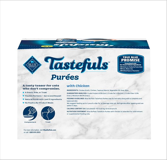 Blue Buffalo Tastefuls Purees Chicken Cat Food Topper, 3 oz, 12 ct | Resealable Twist Cap, Serve Over Food or as a Snack, Cat Food Complement