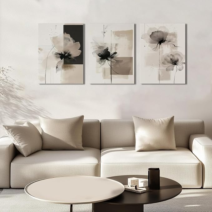 Neutral Abstract Floral Canvas Wall Art Modern Large Minimalist Wall Decor Contemporary Beige Black Flower Posters Prints Picture for Living Room Bedroom Bathroom Office 16x24 In Framed