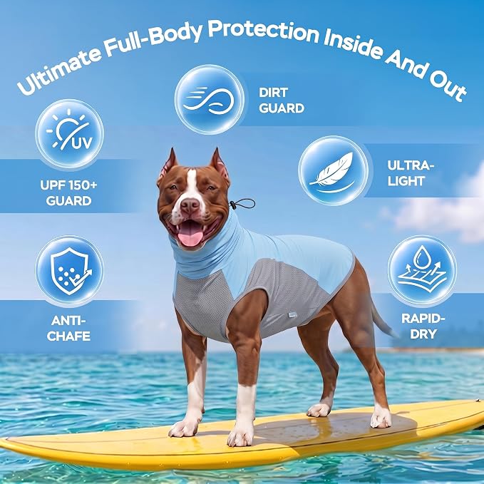 LovinPet UPF 150+ Dog Sun Shirt, Sleeveless High Neck Cooling UV Protection Clothes for Medium Breeds, Quick Dry Lightweight Outdoor Vest with Breathable Belly Panel, Light Blue, M