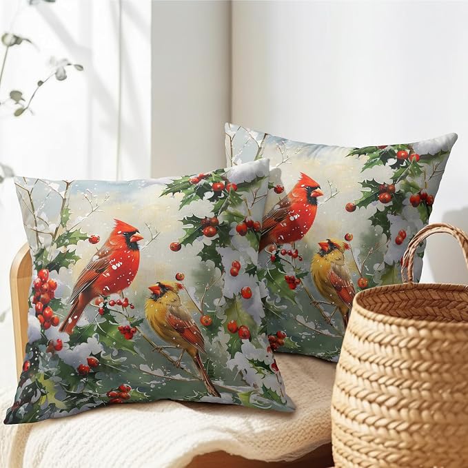 Kawani Winter Red Birds Pillow Covers 18x18 in Set of 2 Xmas Holly Berry Pine Branch Bird Cotton Linen Decorative Pillowcases Cushion Case for Couch Sofa Farmhouse Holiday Decor
