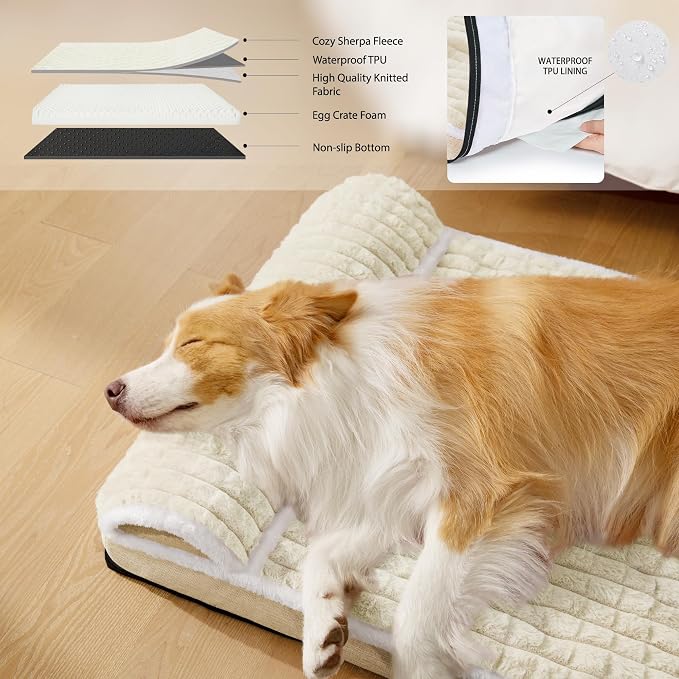 Orthopedic Large Dog Bed Pillow Pet Sofa Bed 42''X28'' Ivory | Egg-Crate Foam Pet Couch Large Sized Dog, Waterproof Removable Washable Cover,Furry Puppy Crate Mat With Nonskid Bottom