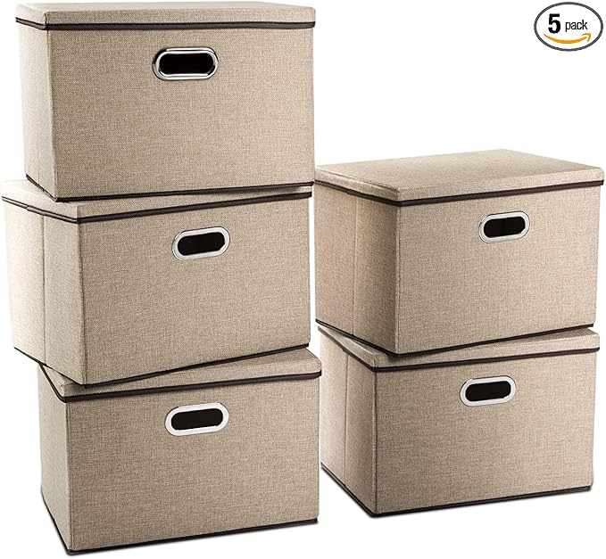 Extra Large Collapsible Storage Bins with Lids [5-Pack] Linen Fabric Foldable Storage Baskets Boxes Organizer Containers Cube with Cover for Bedroom Closet Office Nursery (22.8x15.75x13.8)