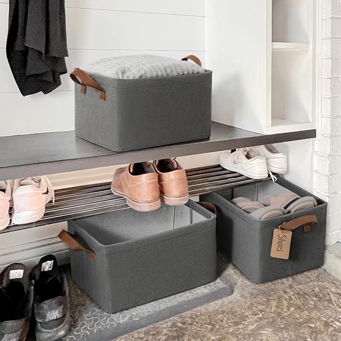 CHICVITA 20L Fabric Storage Baskets for Shelves, Metal Frame, 2-Pack, Grey | 14 ¾" L x 10 ¼" W x 8 ¼" H, Leather Handles, Clothes, Towels & Shoes Storage, Closet, Bedroom & Entryway Organization