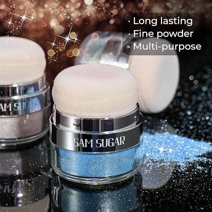 Body Shimmer Powder, Body Glitter Powder with Sponge Head, 3D Contour & Long Lasting Luminous, Glow Highlighter Makeup for Face, Eyes, Hair, Perfect for Daily, Party (Blue, 1.13 Oz)