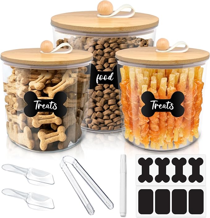 HOYTAMDAR 3 Pack Airtight Dog Treat Containers Bamboo Lids, Dog Treat Jars