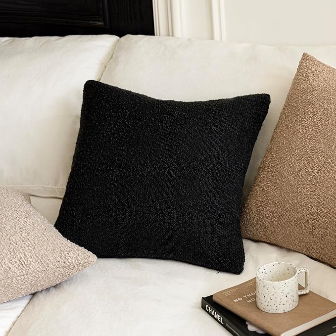 Foindtower Set of 2, Decorative Textured Boucle Throw Pillow Covers Accent Solid Pillow Cases Neutral Soft Cozy Couch Cushion Case for Chair Sofa Bedroom Living Room Home Decor 20 x 20 Inch Black