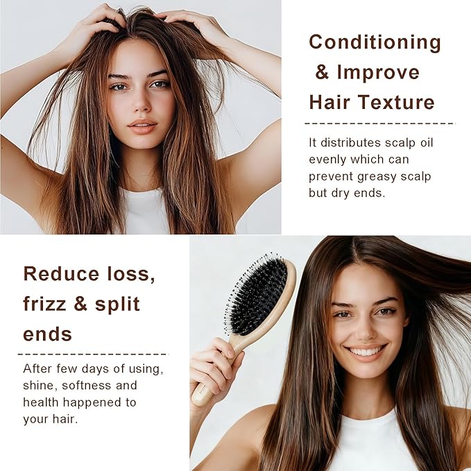 BlueForest Era Hair Brush, Boar & Nylon Bristle Hair Brushes for Women Men Kids, Natural Bamboo oval Paddle Handle Hairbrush for Wet or Dry Hair Adds Shine and Smoothing Massaging Detangling