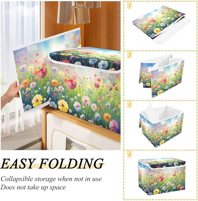 Colorful Flowers Storage Bins with Lids and Carrying Handle,Foldable Storage Boxes Organizer Containers Baskets Cube with Cover for Home Bedroom Closet Office