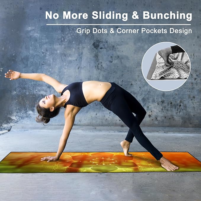 Colorful Star Yoga Towel with Corner Pockets, Non Slip Grip Dots Sweat Absorbent Hot Yoga Mat Towels, Yoga Blankets with Travel Bag, Mat Cover for Workout, Gym, Fitness - 70"x26", Geometric Flower