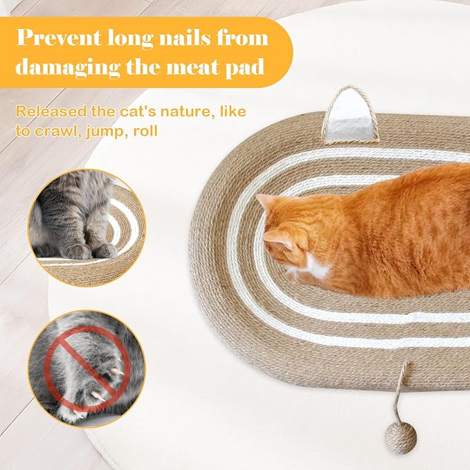 Cat Scratcher Bed 3 in 1 Sisal Cat Scratching Board for Indoor Oval Cat Scratch Pad Durable Scratching Lounge Bed Round Bowl with Toy Balls for Cats Kitten Puppy (24"x15.7"x3.5")