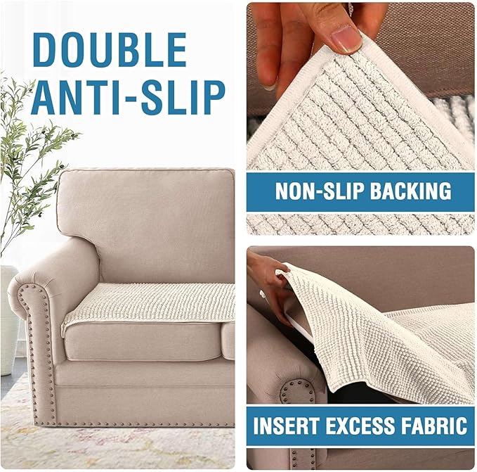 H.VERSAILTEX Plush Chenille Couch Cover for 3 Cushion Couch Anti Slip Washable Sofa Slipcovers Soft and Durable Furniture Protector for Dogs Cats Kids (27.5" x 71", Ivory)