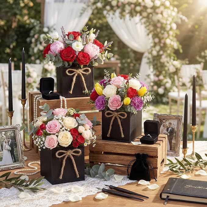 12 Pack Galvanized Square Vases with Floral Foam, 3.5 inch Waterproof Rustic Tin Buckets with Twine Bows, Mini Farmhouse Metal Planter Centerpieces for Wedding Party Table Decor(Black)