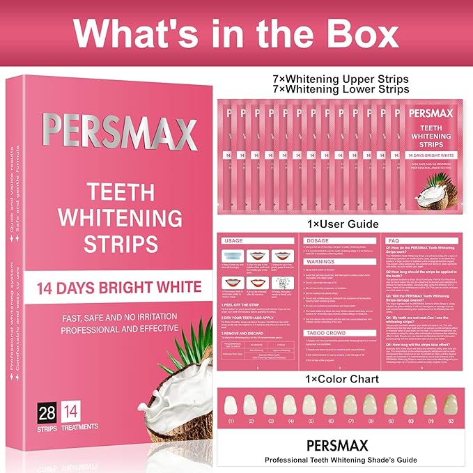 PERSMAX Teeth Whitening Strips for Sensitive Teeth Enamel Safe Smile Whitening Kit, 28 Strips 14 Treatments, No-Slip Remove Coffee Wine Smoking Stains Professional