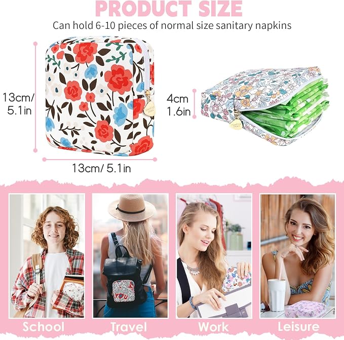 Sanitary Pad Storage Bag Portable Period Bag for Teen Pads/Sanitary Napkins/Small Tampons, Sanitary Napkin Storage Bag First Period Gifts for Teen Girls (Rose Garden)