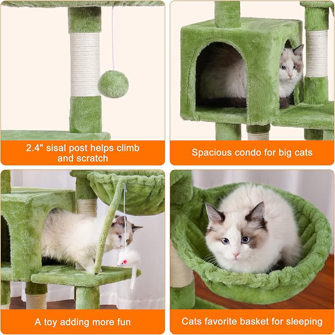 Heybly Cat Tree with Toy, 43.3 inch Cat Tower for Indoor Cats HCT004SGR | Cat Condo with Durable Sisal Scratching Posts, Cat House with Padded Plush Perch, Cozy Hammock, Green